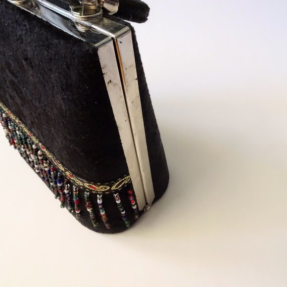 Moni Mini Black Velvet Beaded Fringe Clutch Purse - Picture 4 of 11
